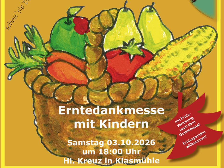 Korb mit Früchten mit Aufschrift 'Erntedankmesse mit KIndern'