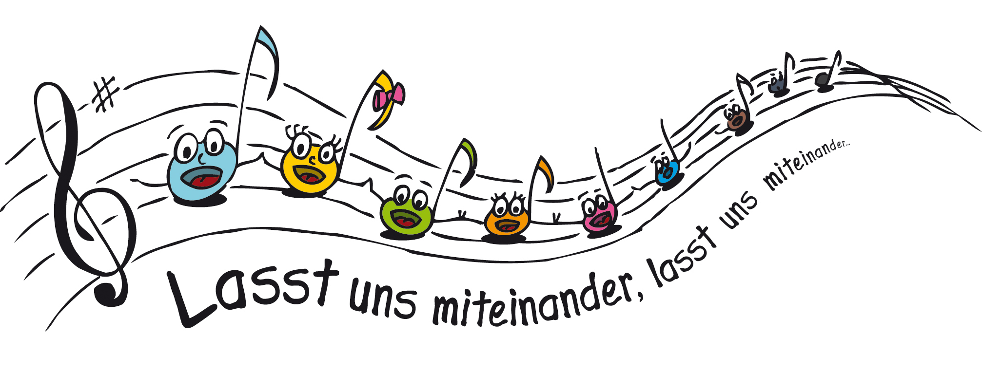 Bunte, fröhliche Noten mit Gesichtern auf einer Notenlinie, dazu Text 'Lasst uns miteinander'.